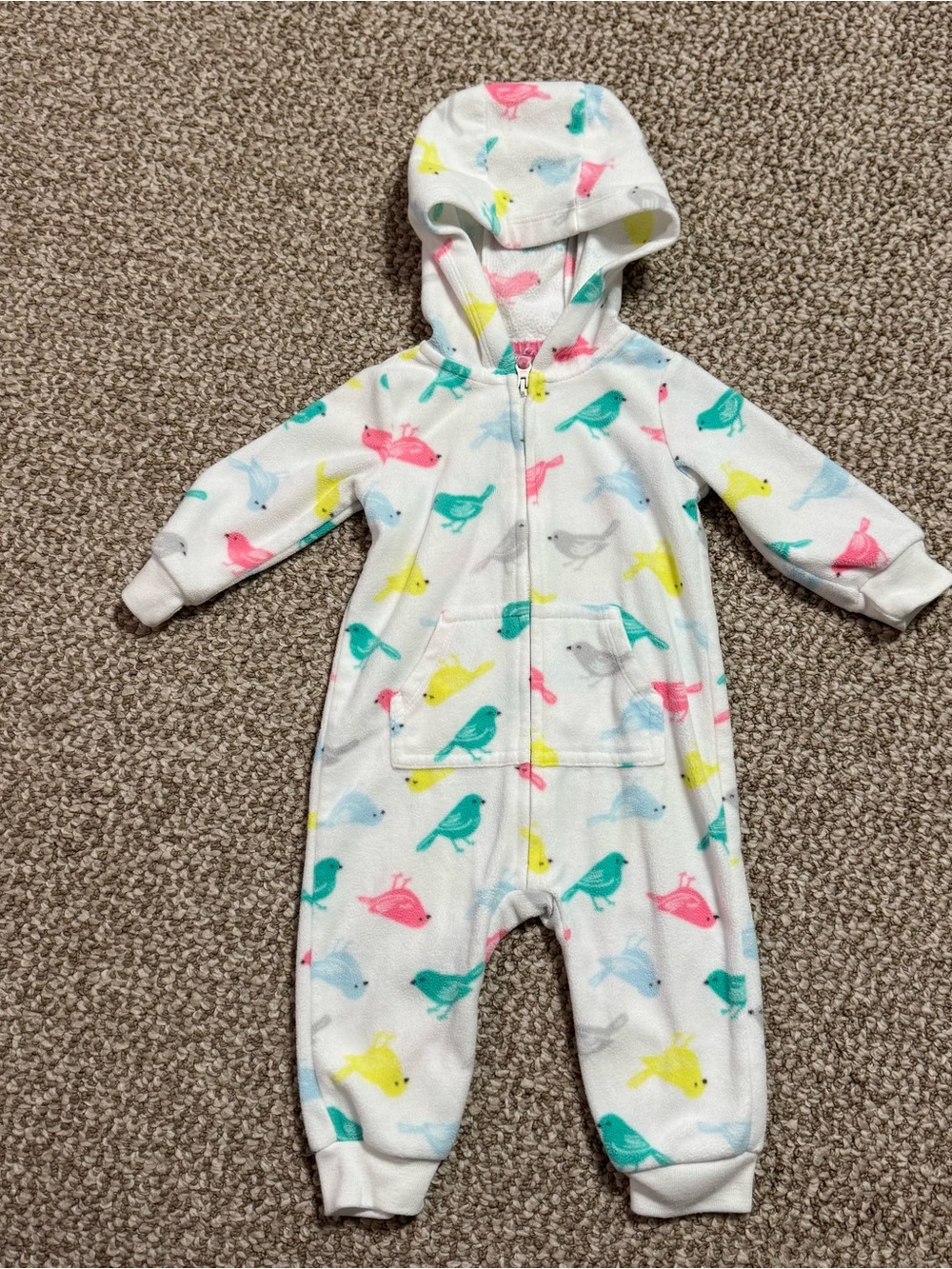 Carter's Fleece Hooded Zip Up Open Foot Romper Colorful Bird Print 6 Months